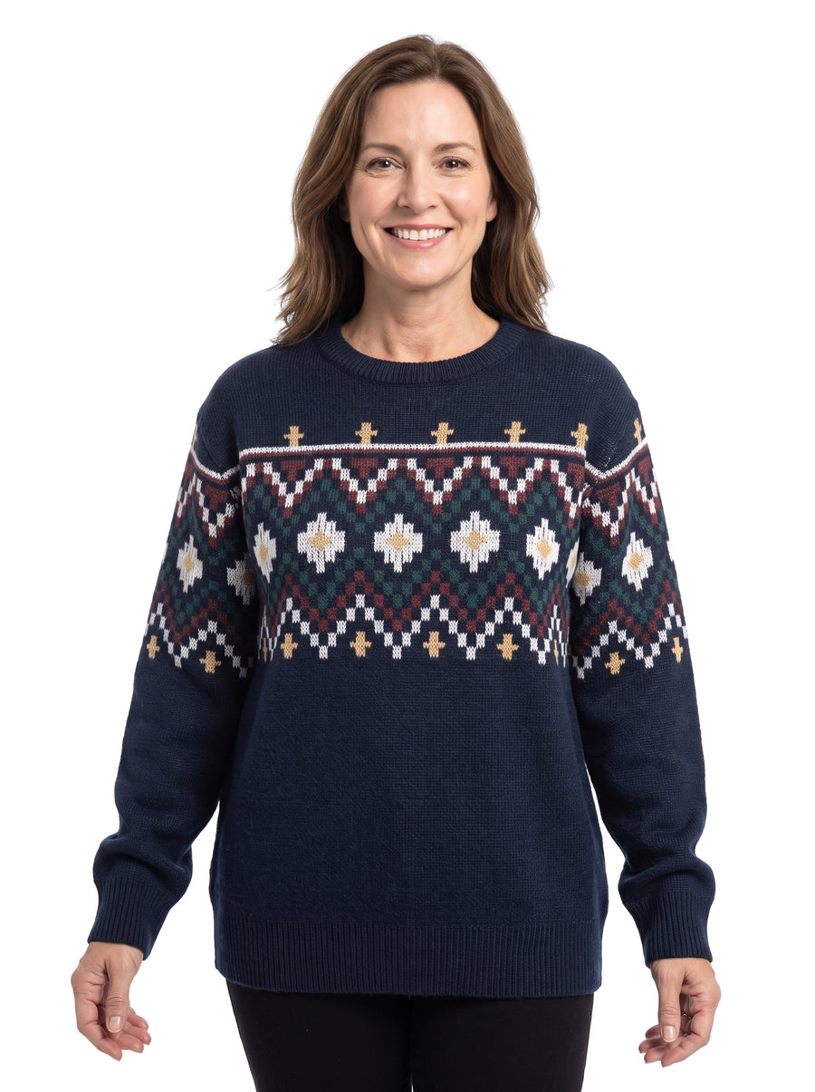 Woman wearing navy patterned Fair Isle knit jumper