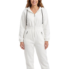 Woman wearing the white hooded long-sleeve stretch jumpsuit on a white background