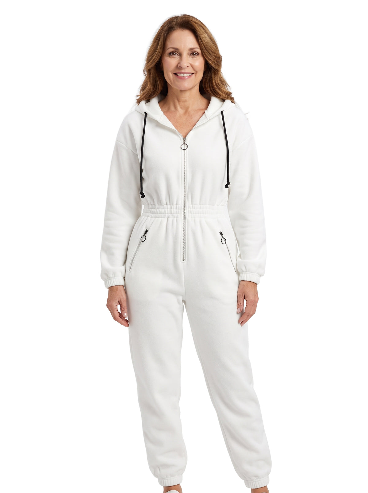 Woman wearing the white hooded long-sleeve stretch jumpsuit on a white background