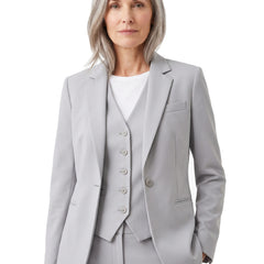 Women's tailored structured blazer in light grey, worn open over a matching waistcoat