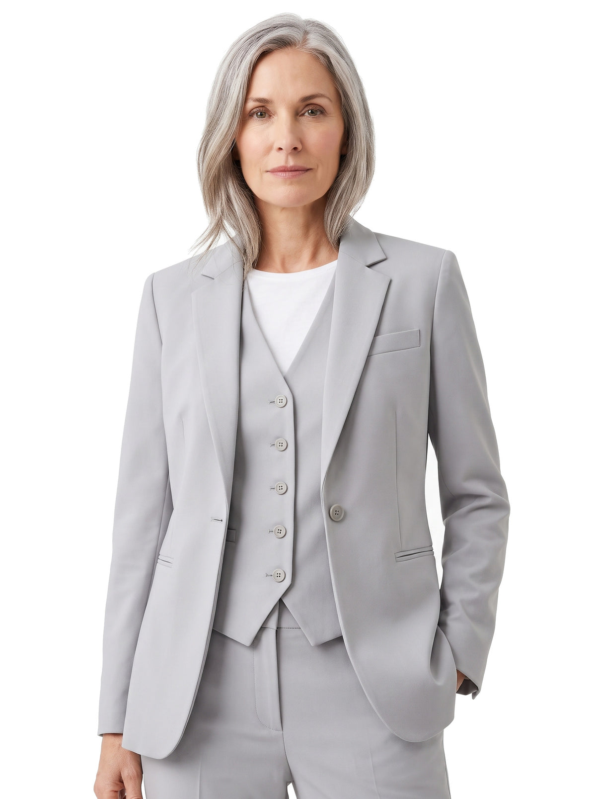 Women's tailored structured blazer in light grey, worn open over a matching waistcoat