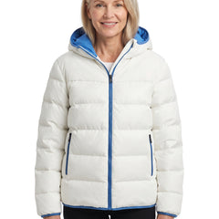 Women's cropped quilted jacket with contrast blue hood in ivory white