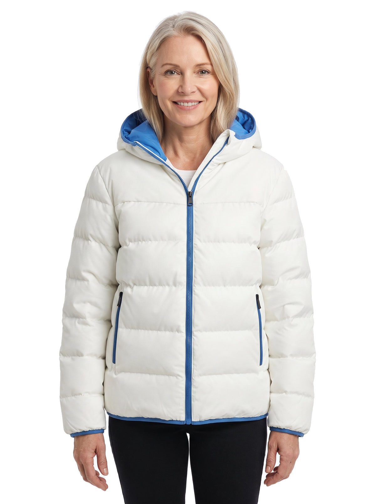 Women's cropped quilted jacket with contrast blue hood in ivory white