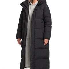 Women's quilted down puffer jacket long black hooded coat