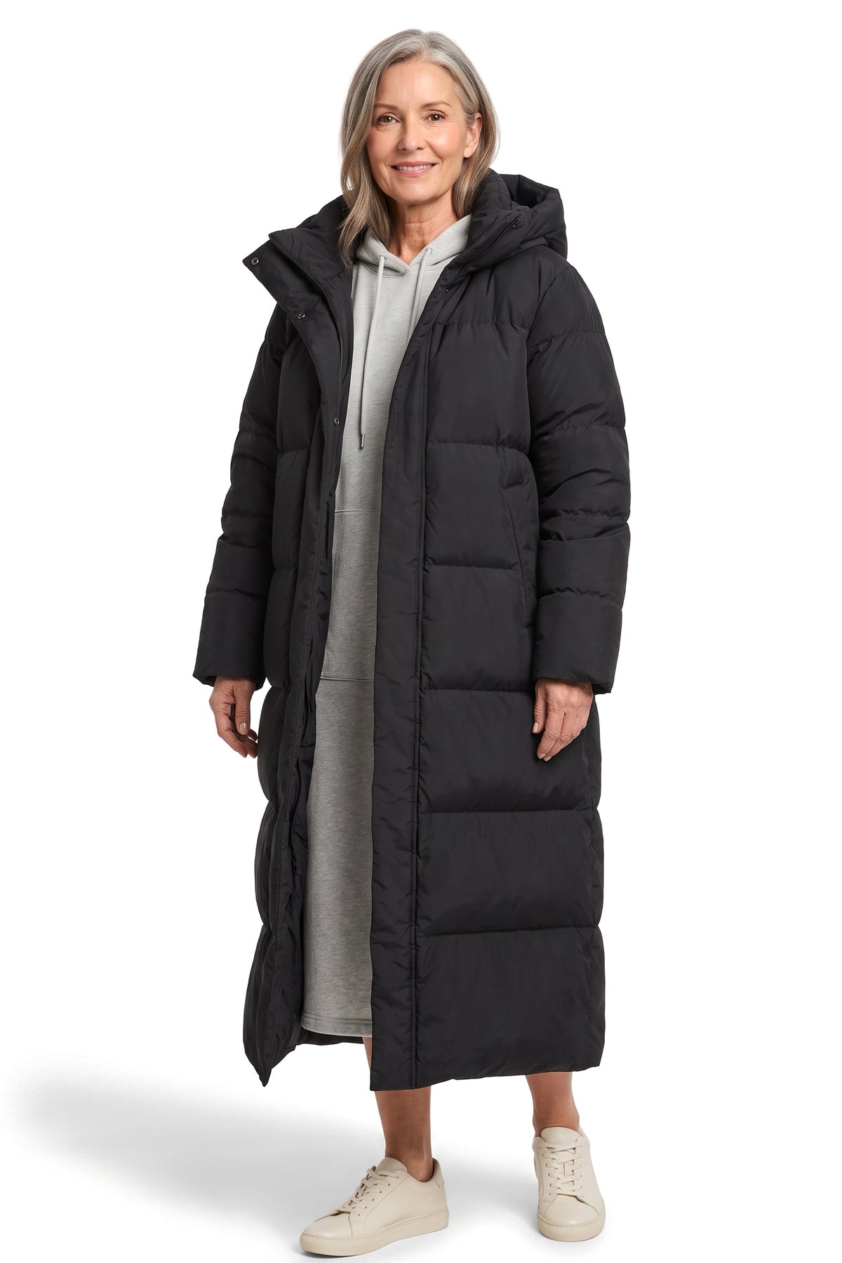 Women's quilted down puffer jacket long black hooded coat