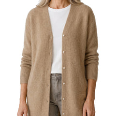 Women's ribbed-trim button-front cardigan in camel khaki worn open over a white tee