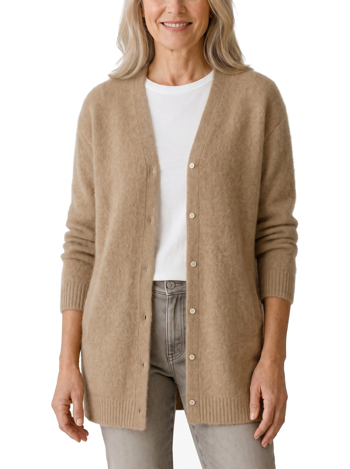 Women's ribbed-trim button-front cardigan in camel khaki worn open over a white tee