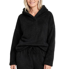 Woman wearing the black shawl-collar teddy fleece lounge set