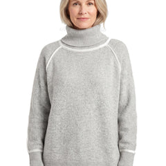 Women's oversized grey turtleneck sweater with white contrast piping