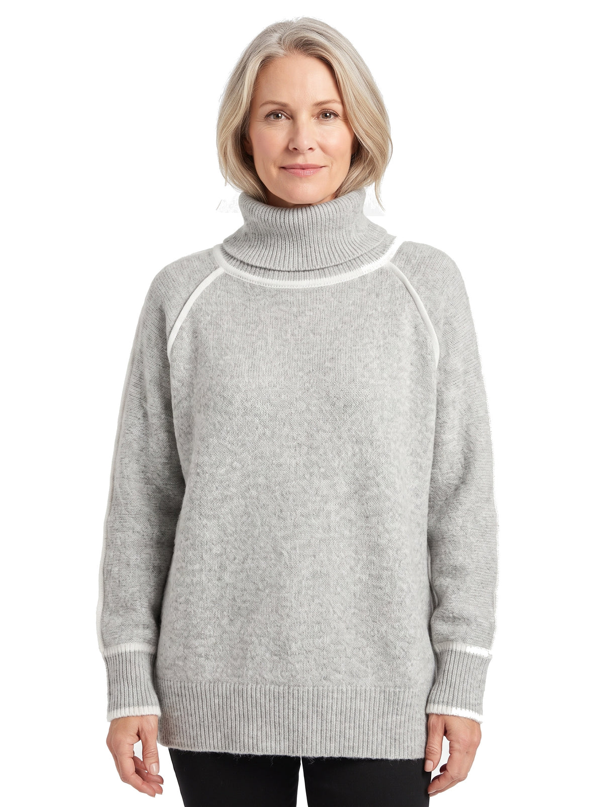 Women's oversized grey turtleneck sweater with white contrast piping