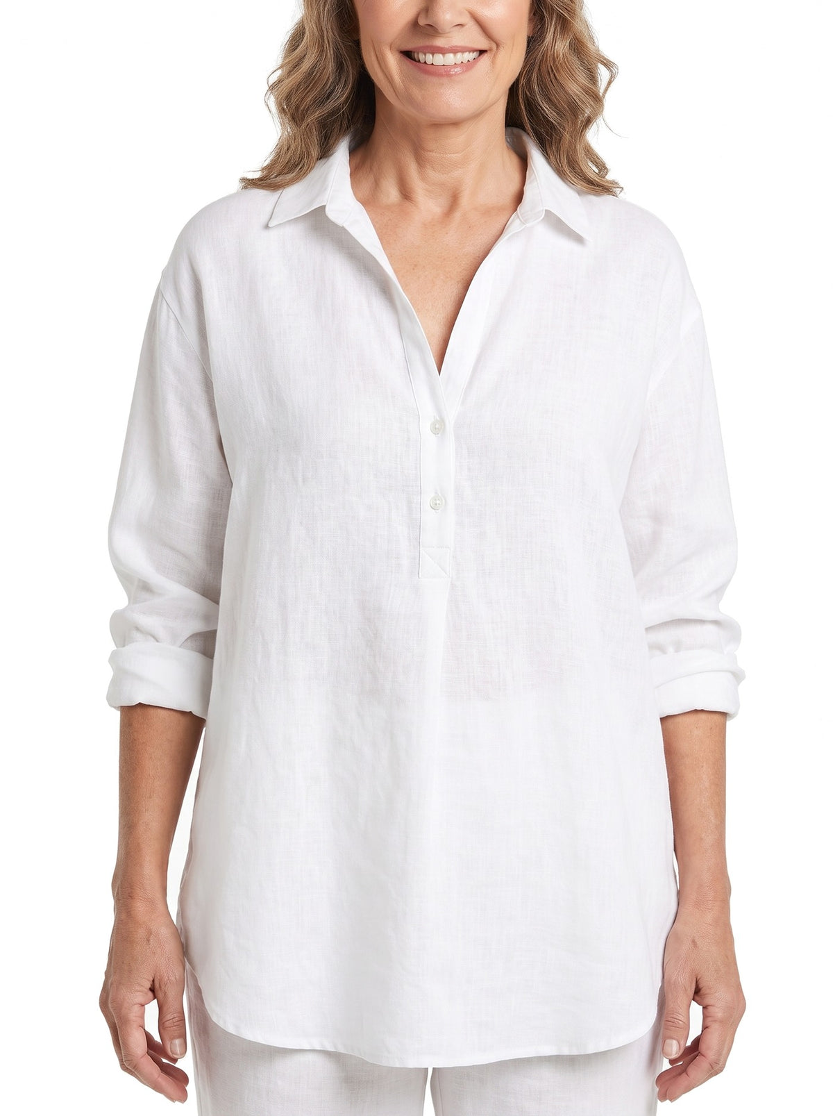 Woman wearing white linen long-sleeve button-placket shirt