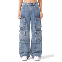Women's baggy cargo denim pants in light blue wash, shown waist to feet