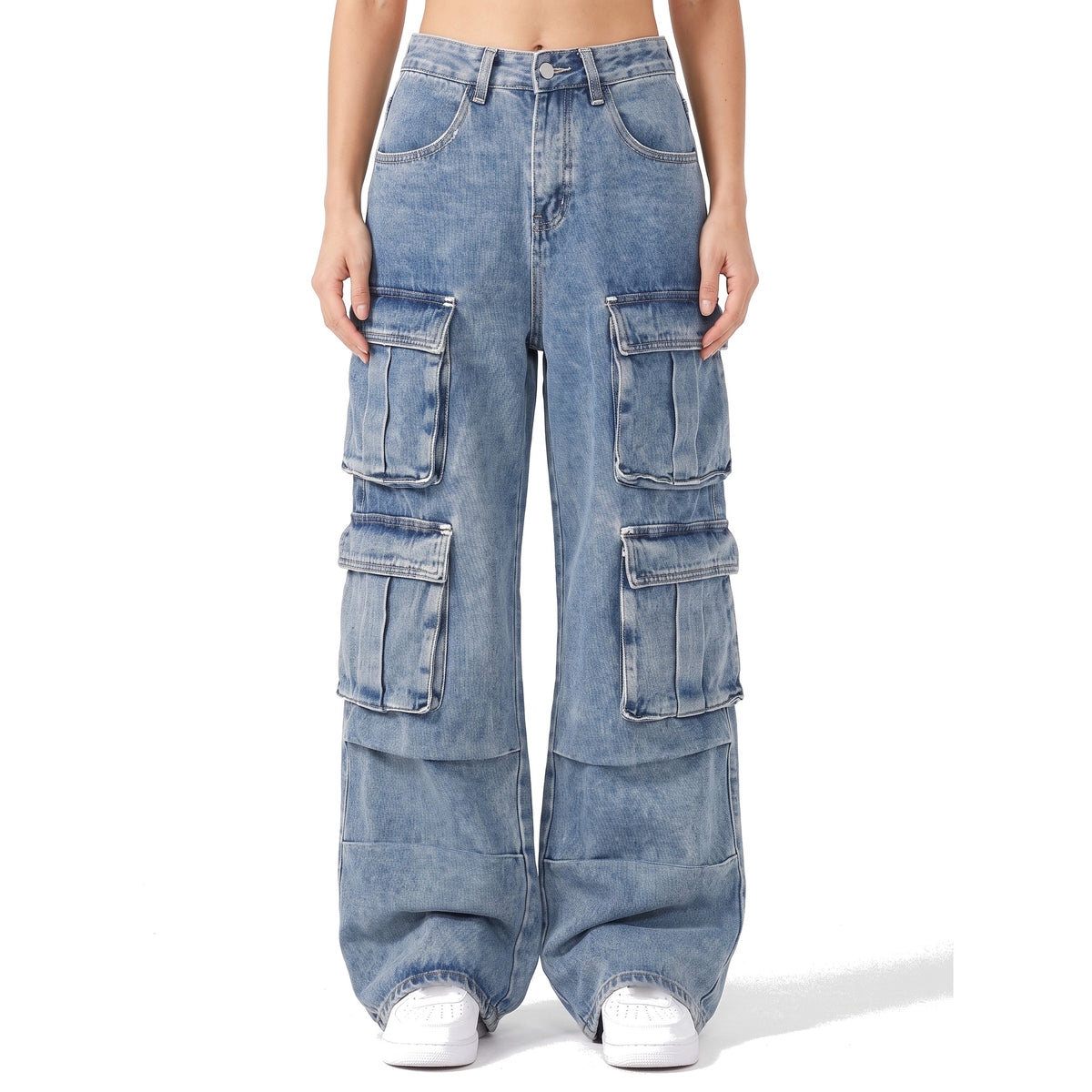 Women's baggy cargo denim pants in light blue wash, shown waist to feet