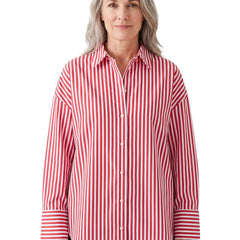 Woman wearing the Edith-Josephine oversized dropped-shoulder red and white striped shirt blouse