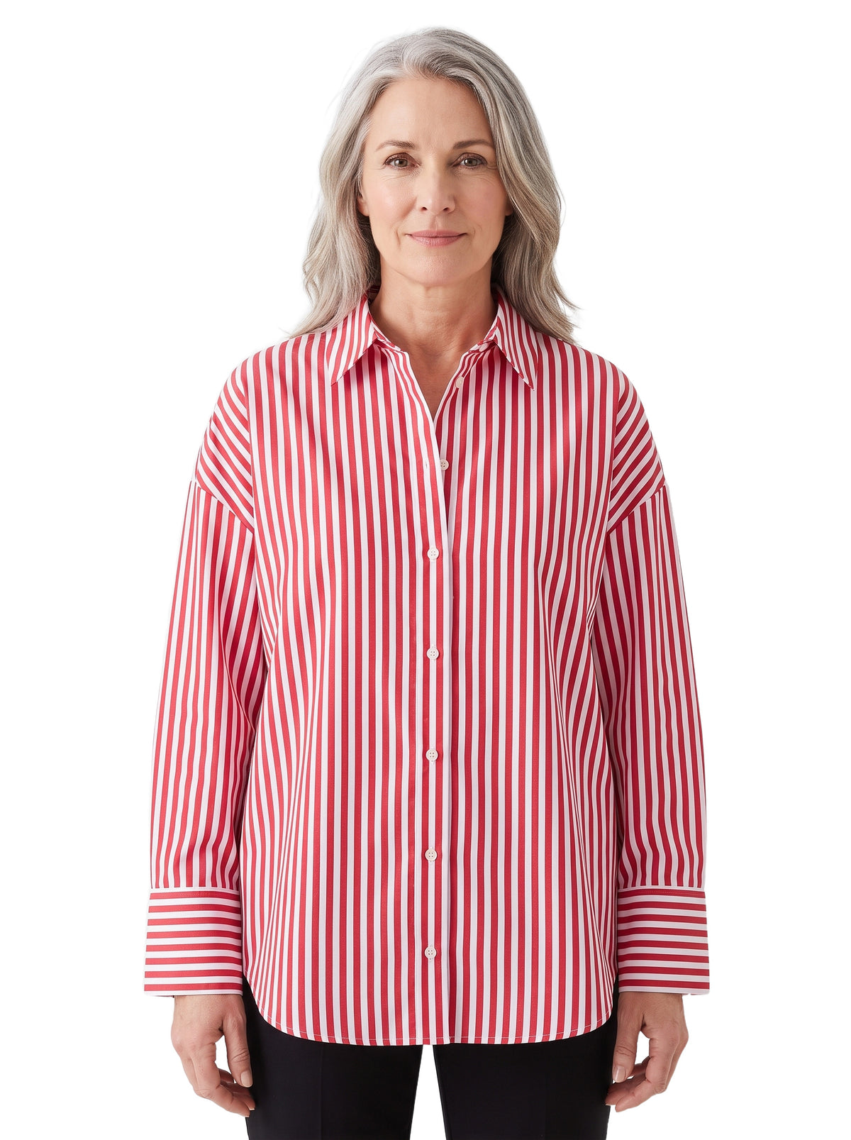 Woman wearing the Edith-Josephine oversized dropped-shoulder red and white striped shirt blouse