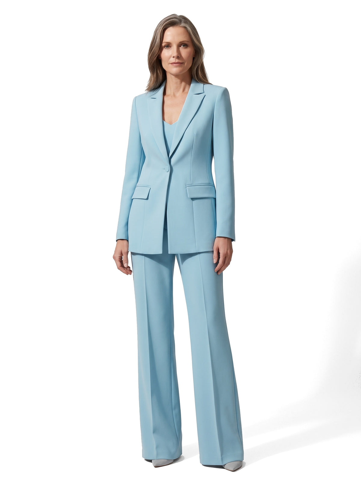Women's light blue notch-lapel blazer and wide-leg trouser suit set