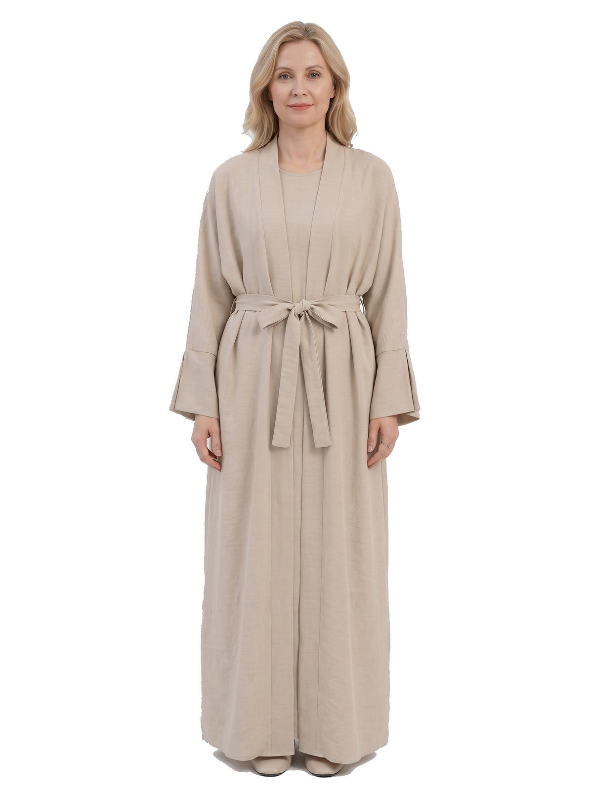 Woman wearing beige open front cardigan and dress set