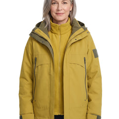 Women's waterproof 2-in-1 modular parka in mustard yellow with olive trim and zip-in fleece liner