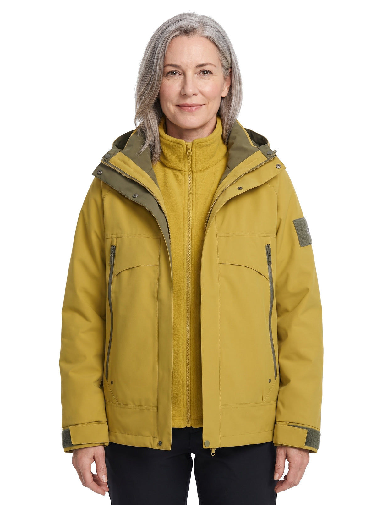 Women's waterproof 2-in-1 modular parka in mustard yellow with olive trim and zip-in fleece liner