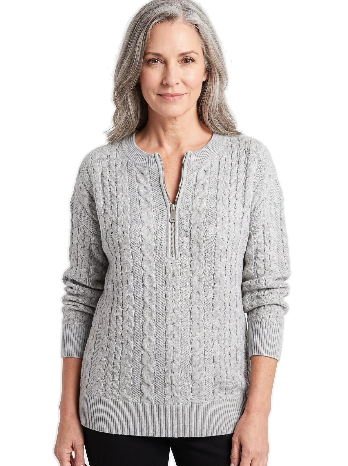 Women's Textured Cable-Knit Sweater in grey, quarter-zip