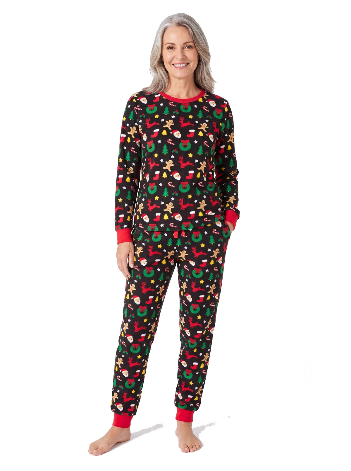 Woman wearing the Beatrix-Isabelle black Christmas print long sleeve pajama set