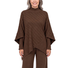 Woman wearing brown ribbed knit co-ord set with wide-leg trousers