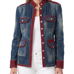 Women's military-trim distressed denim jacket with burgundy trim and gold buttons