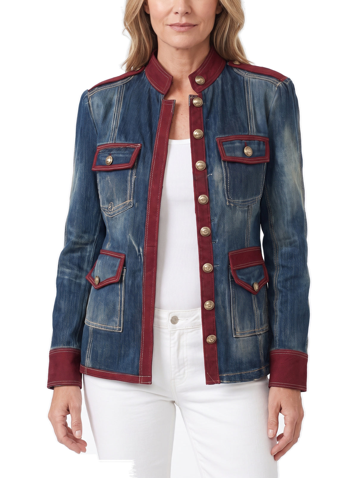 Women's military-trim distressed denim jacket with burgundy trim and gold buttons
