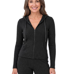 Women's hooded ribbed knit co-ord set in charcoal black
