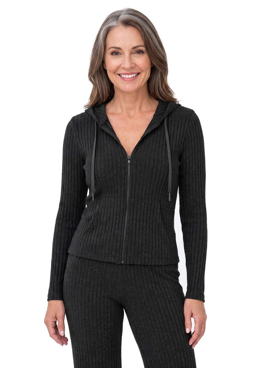 Women's hooded ribbed knit co-ord set in charcoal black