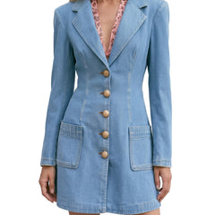 Women's denim blazer mini dress in light blue washed denim with gold buttons