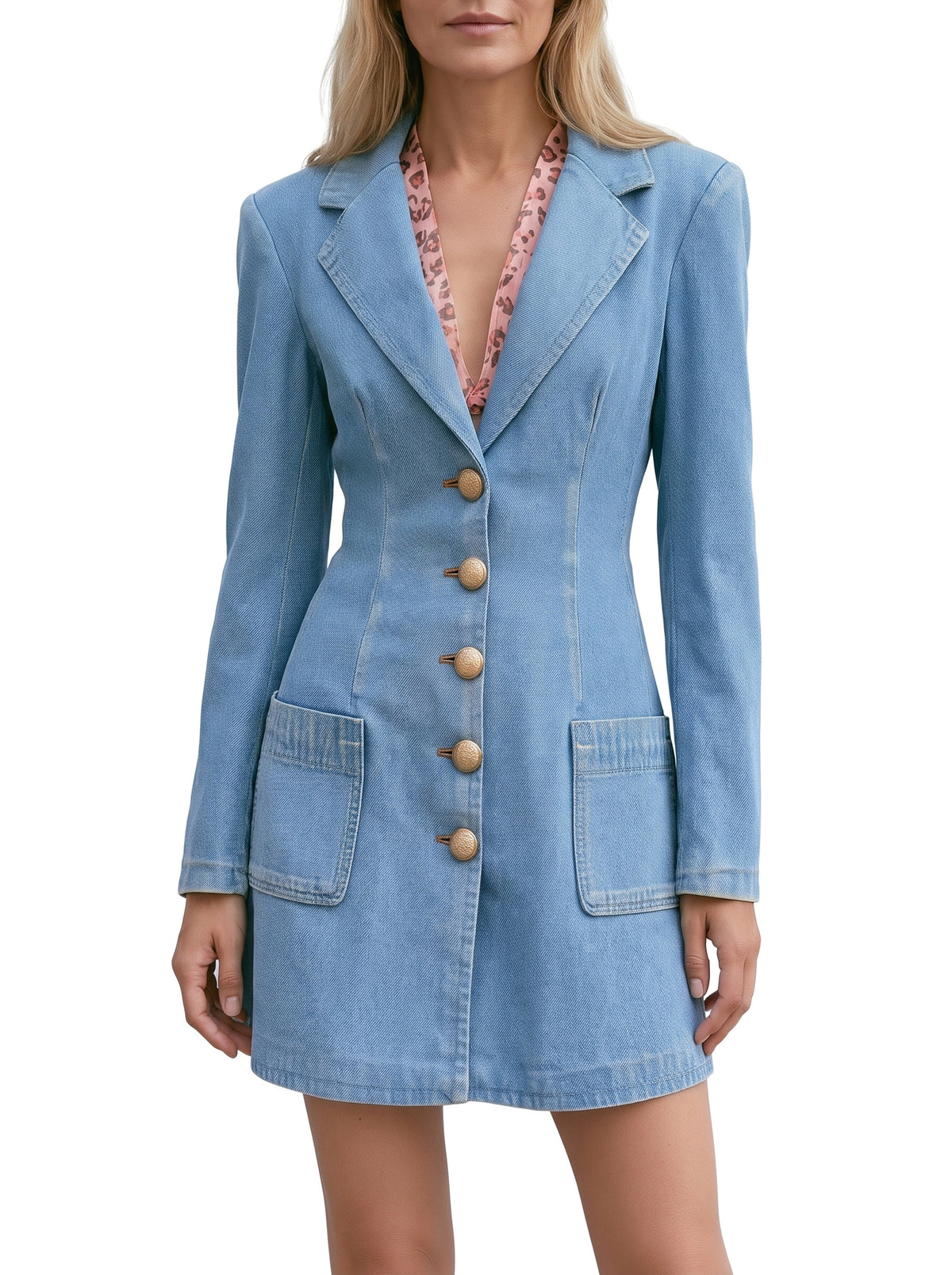 Women's denim blazer mini dress in light blue washed denim with gold buttons
