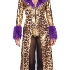 Women's three-piece cheetah print set with wide-brim hat, purple faux fur trimmed duster coat and matching briefs