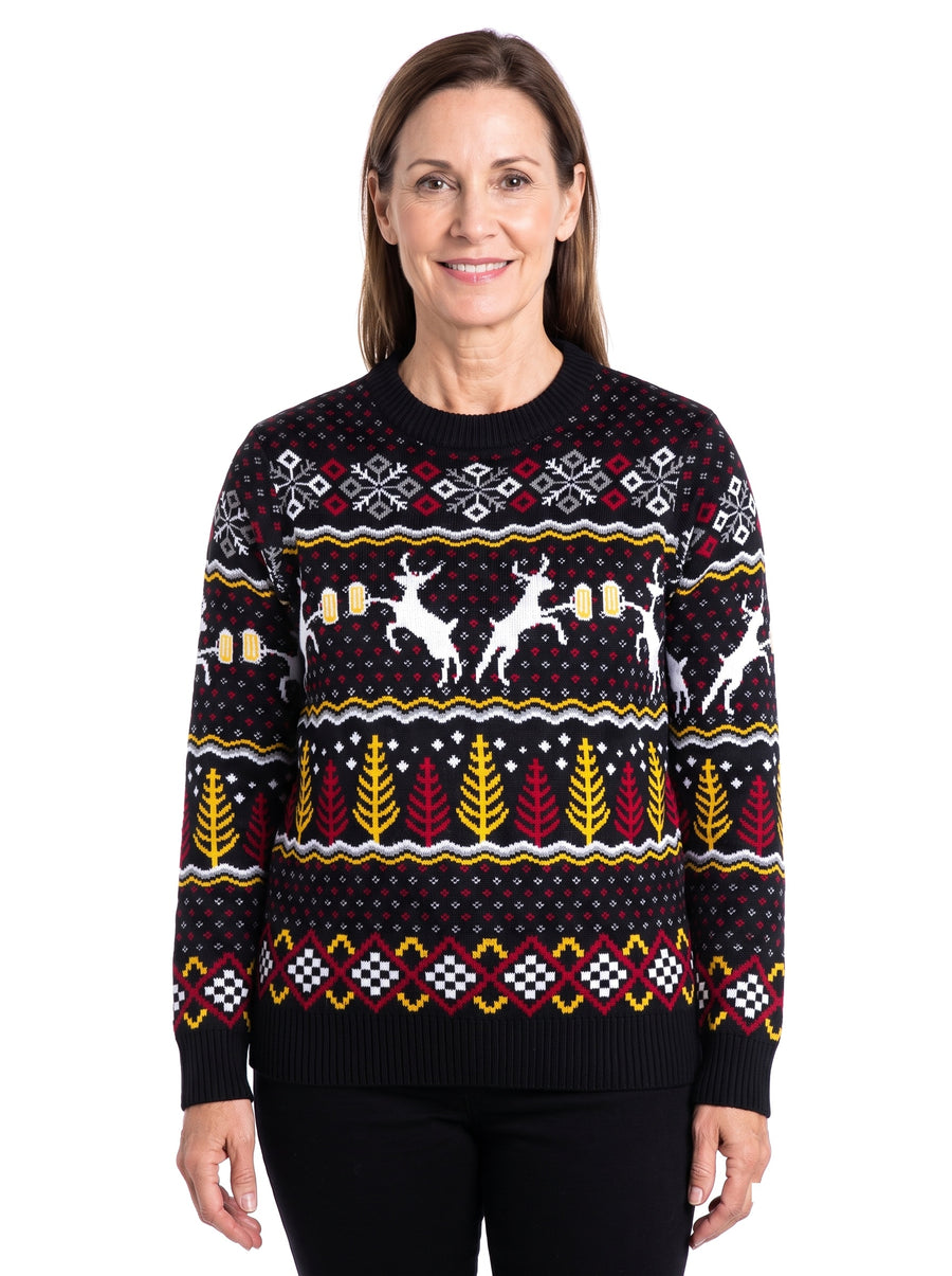 Woman wearing black Fair Isle deer print crew neck sweater