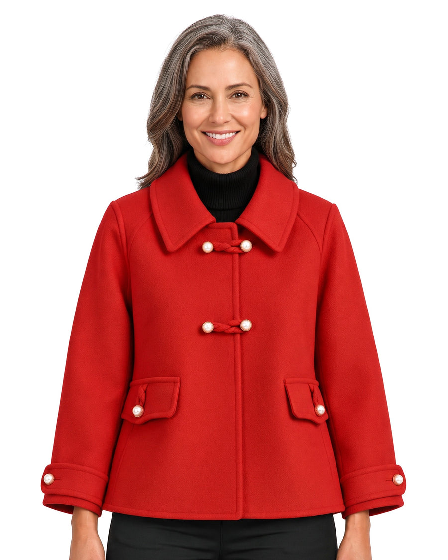 Woman wearing the red pearl-button wool blend peacoat
