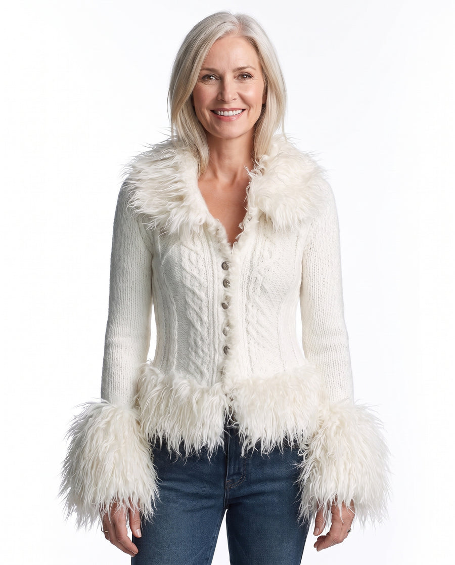 Women's Faux Fur-Trim Cable Knit Cardigan