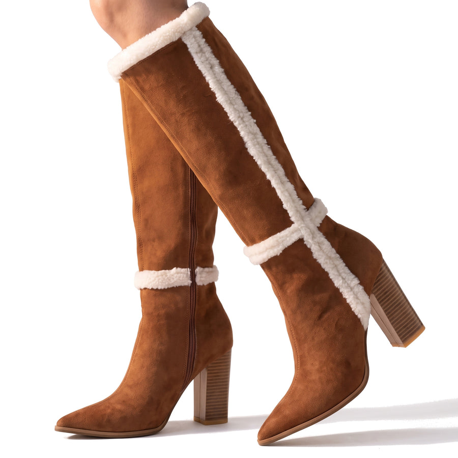 Women's sherpa-lined knee high boots in cognac brown suede