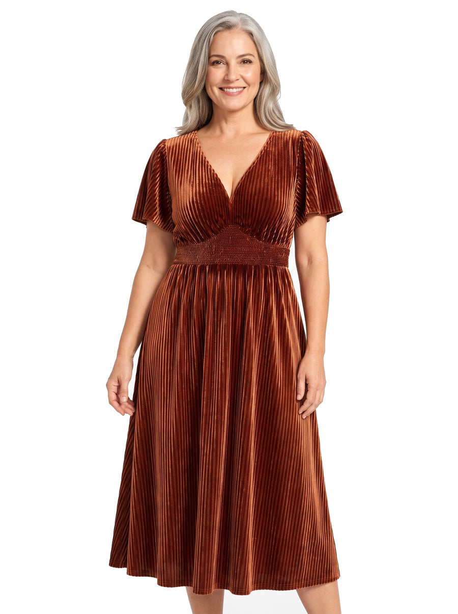 Women's plus size pleated velvet midi dress in caramel