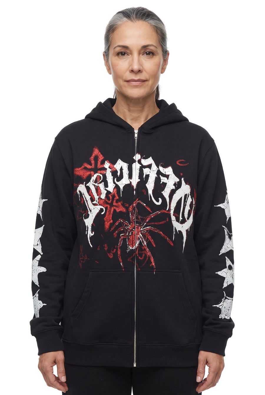 Women's extended-sleeve black zip hoodie with red spider graphic