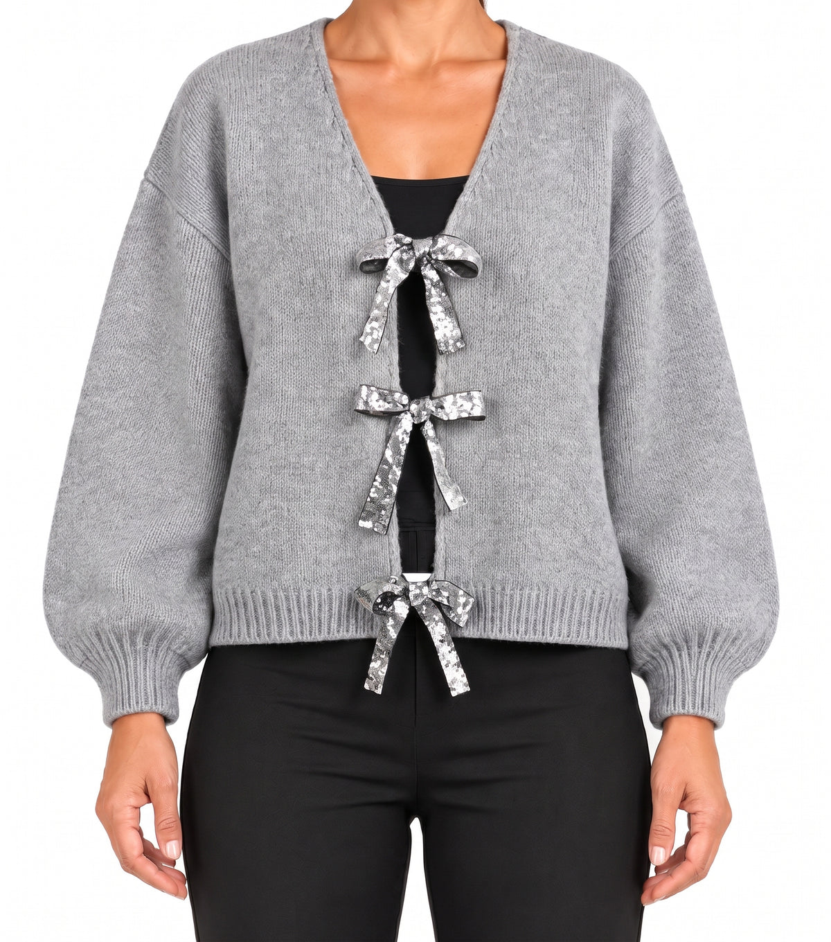 Bianca Women's Sequin Bow-Tie Cardigan in grey