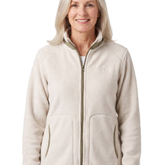 Woman wearing the Frances off white full zip fleece jacket