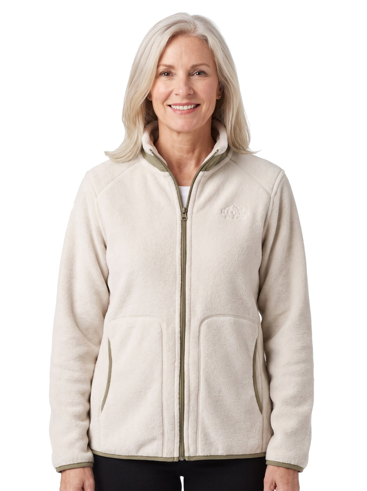 Woman wearing the Frances off white full zip fleece jacket