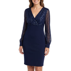 Genevieve navy sequin V-neck mini dress worn by a model on a white background