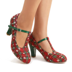 Georgia women's red tartan plaid snowflake Mary Jane heels with green patent T-strap and block heel