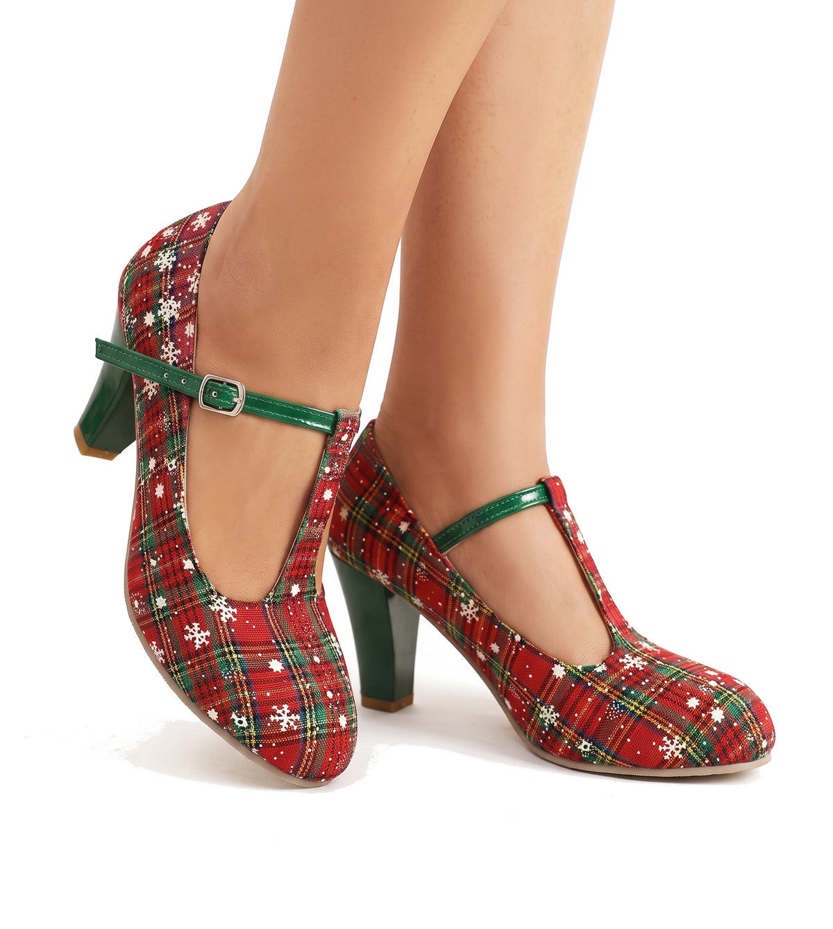 Georgia women's red tartan plaid snowflake Mary Jane heels with green patent T-strap and block heel