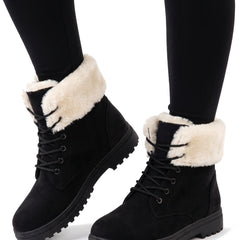 Women's cozy black suede lace-up ankle boots with cream faux fur cuff