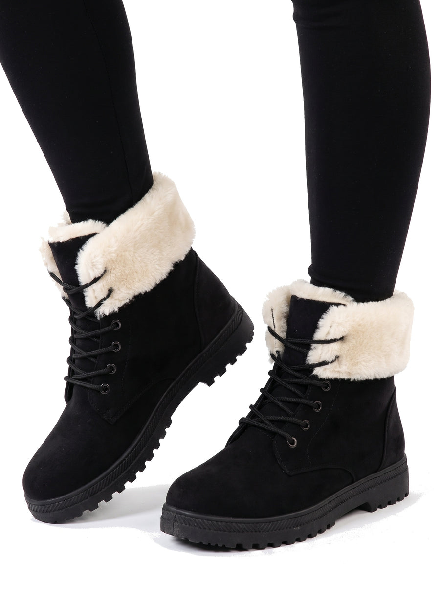 Women's cozy black suede lace-up ankle boots with cream faux fur cuff