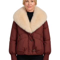 Women's quilted puffer jacket with plush fur collar in chestnut brown