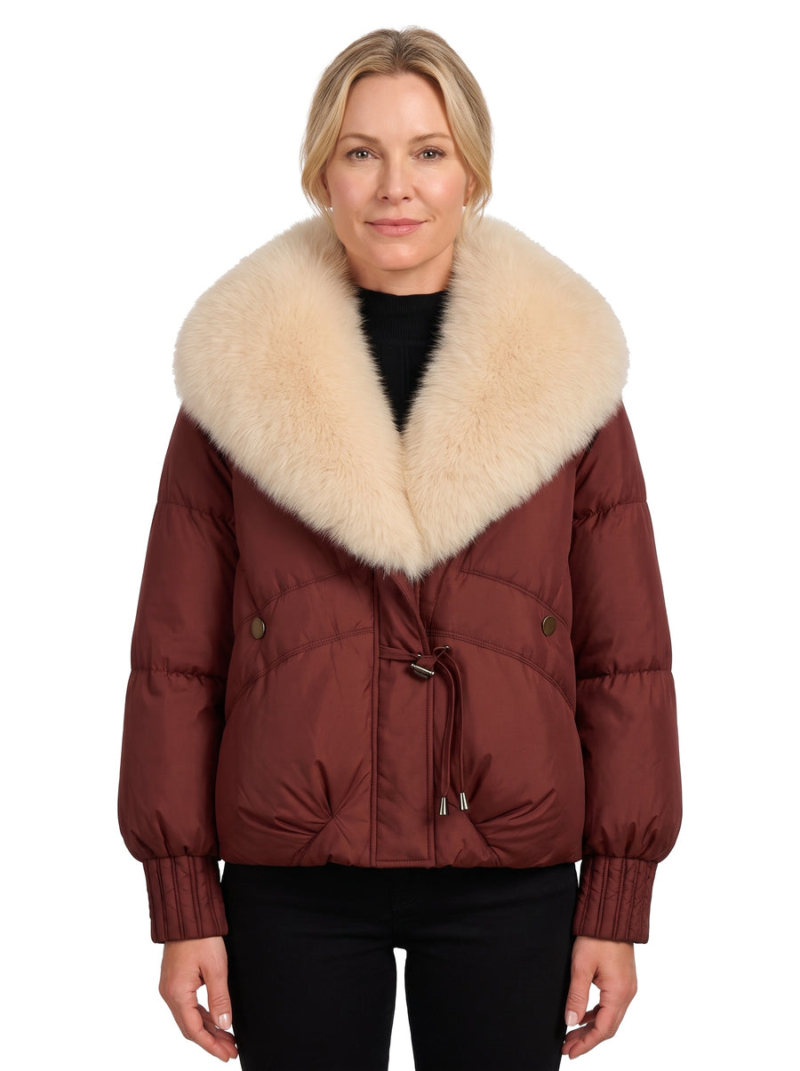 Women's quilted puffer jacket with plush fur collar in chestnut brown
