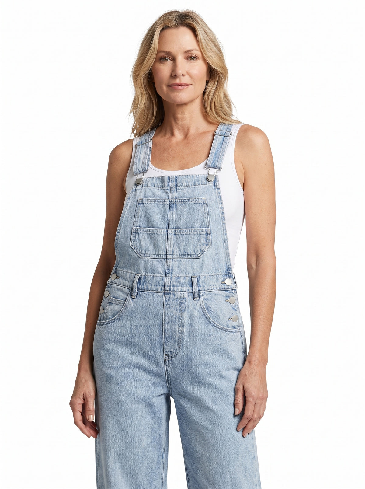Women's wide-leg light wash denim bib overall jumpsuit